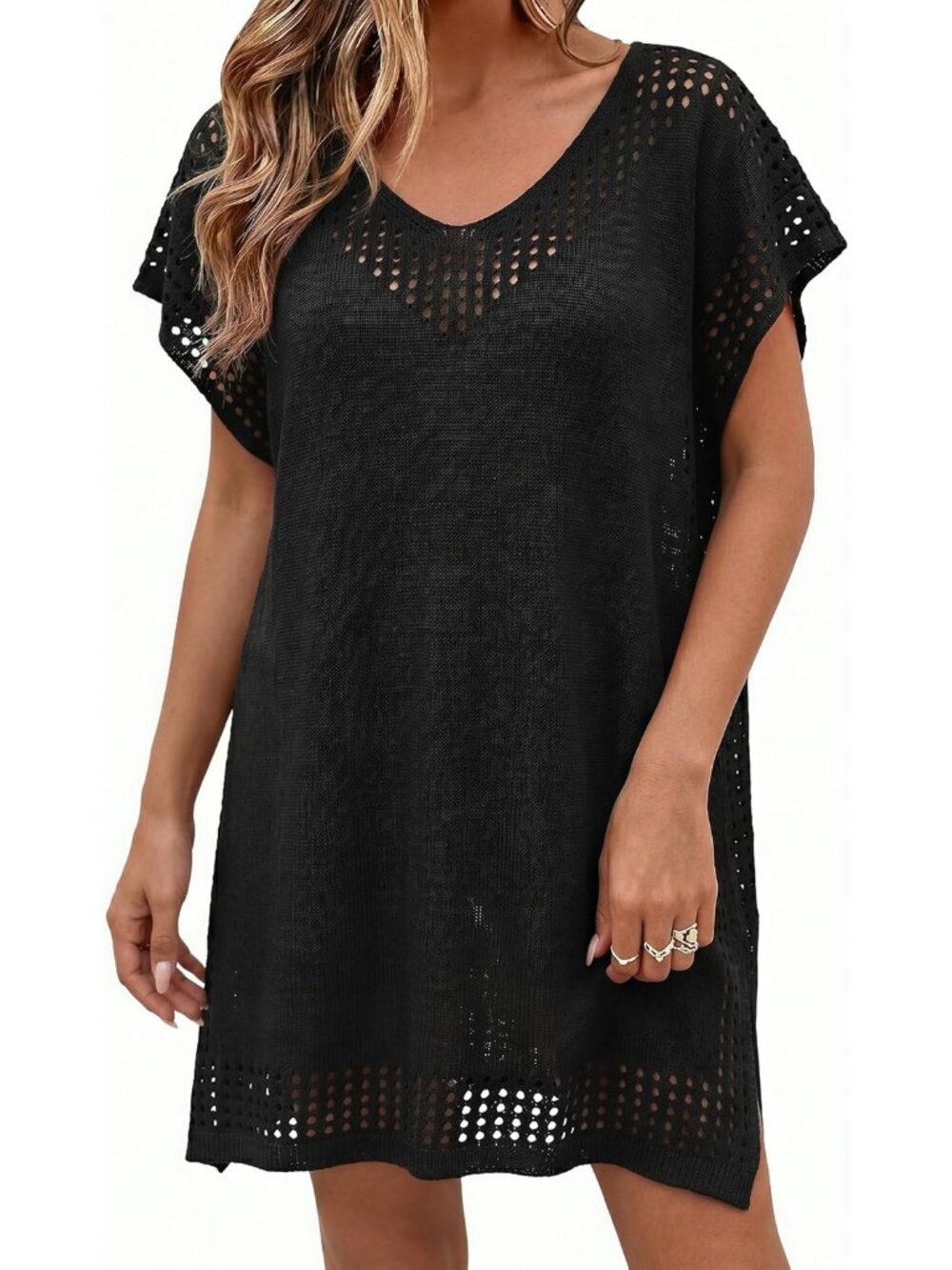 Women's Thin Black One Size Polyester Crochet Summer Swimsuit Coverup Dress